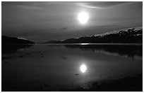 Full moon, 1am, Muir inlet. Glacier Bay National Park, Alaska, USA. (black and white)