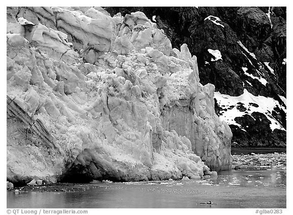 Kayaker dwarfed by Lamplugh glacier. Glacier Bay National Park, Alaska, USA.