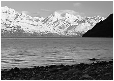 Snowy mountains of Fairweather range and West Arm, morning. Glacier Bay National Park, Alaska, USA. (black and white)