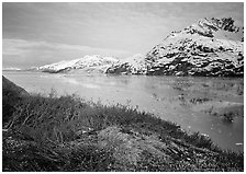 Snowy mountains and icy fjord seen from high point, West Arm. Glacier Bay National Park ( black and white)