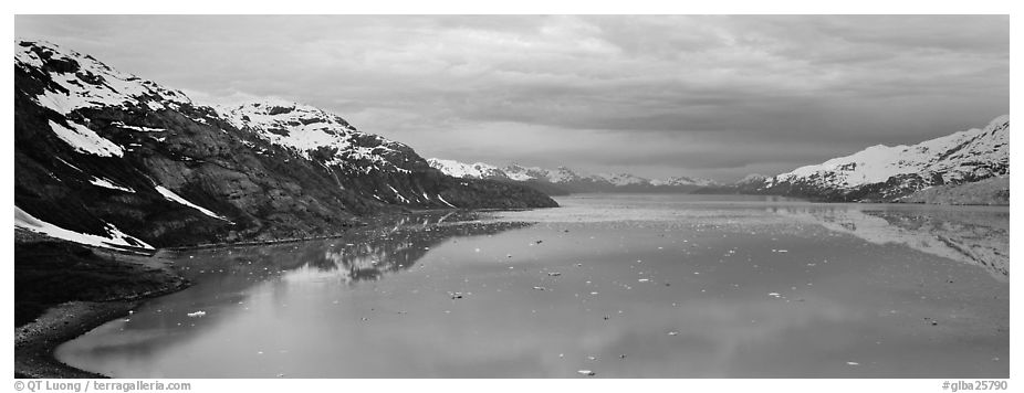 Marine scenery with snowy mountains and ice. Glacier Bay National Park (black and white)