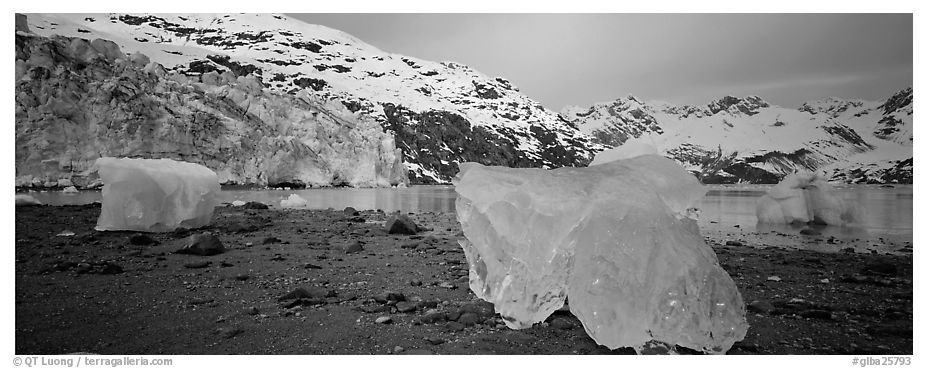 Beach iceberg and tidewater glacier front. Glacier Bay National Park (black and white)