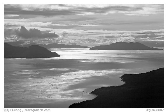 Aerial view of Glacier Bay entrance. Glacier Bay National Park (black and white)