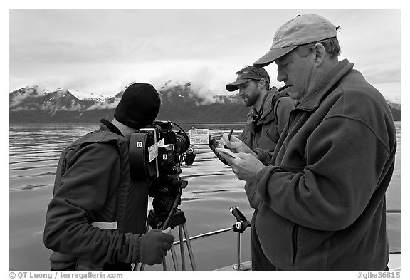 Team begins filming a movie sequence. Glacier Bay National Park (black and white)