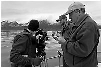 Team begins filming a movie sequence. Glacier Bay National Park ( black and white)