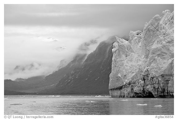 Margerie Glacier and foggy mountains surrounding Tarr Inlet. Glacier Bay National Park, Alaska, USA.