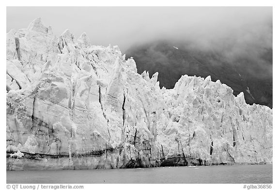 Front of Margerie Glacier in foggy weather. Glacier Bay National Park, Alaska, USA.