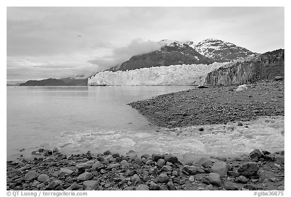 Stream flowing into Tarr Inlet, and Margerie Glacier. Glacier Bay National Park (black and white)