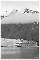 Cruise ship and Margerie Glacier at the base of Mt Forde. Glacier Bay National Park, Alaska, USA. (black and white)