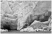 People at the base of Reid Glacier. Glacier Bay National Park, Alaska, USA. (black and white)