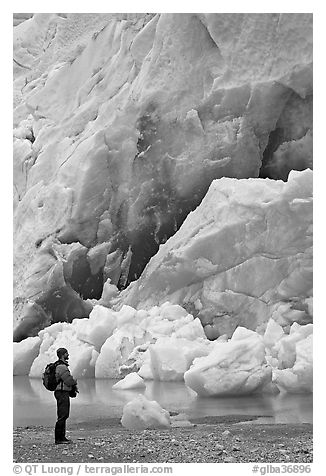 Hiker looking at ice wall at the terminus of Reid Glacier. Glacier Bay National Park (black and white)