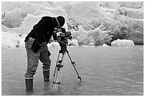 Cameraman standing in water at the base of Reid Glacier. Glacier Bay National Park, Alaska, USA. (black and white)