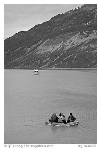 Skiff and tour boat in Reid Inlet. Glacier Bay National Park, Alaska, USA.