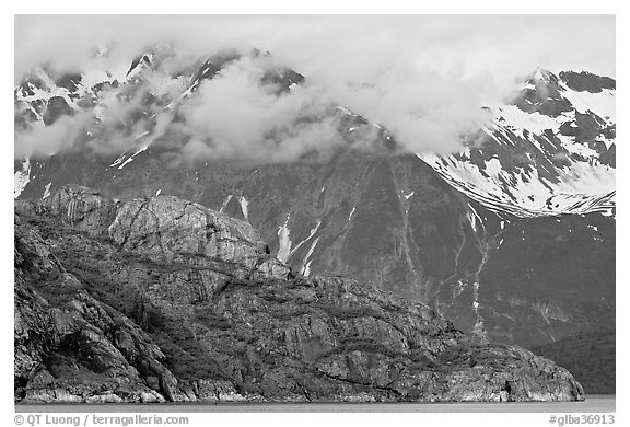 Rocky ridge and snowy peaks, West Arm. Glacier Bay National Park (black and white)