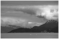 Storm clouds over the bay, West Arm. Glacier Bay National Park, Alaska, USA. (black and white)