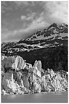 Seracs on the face of Lamplugh glacier and Mount Cooper. Glacier Bay National Park, Alaska, USA. (black and white)