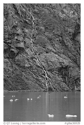 Waterfall, Tarr Inlet. Glacier Bay National Park (black and white)