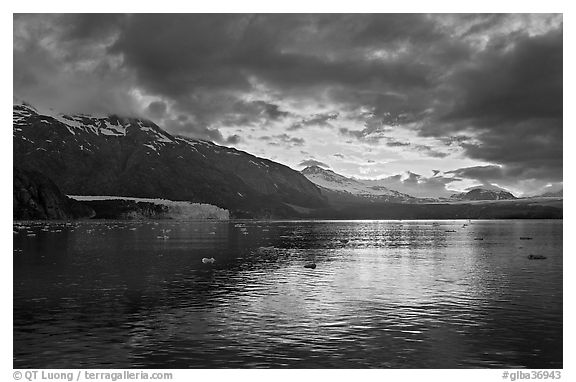 Mount Forde, Margerie Glacier, Mount Eliza, Grand Pacific Glacier, at sunset. Glacier Bay National Park (black and white)