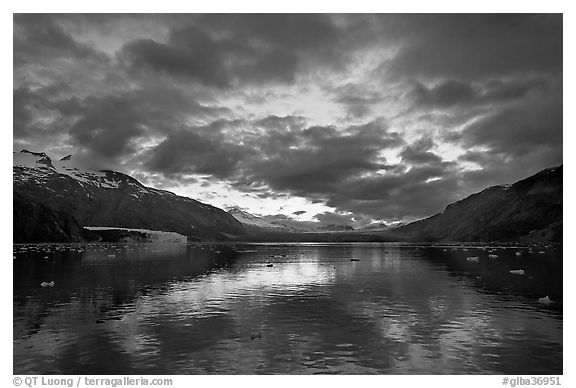 Mount Forde, Margerie Glacier, Mount Eliza, Grand Pacific Glacier, and Tarr Inlet, cloudy sunset. Glacier Bay National Park (black and white)