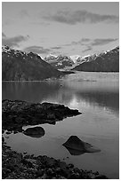 Mount Fairweather and Margerie Glacier seen across the Tarr Inlet. Glacier Bay National Park, Alaska, USA. (black and white)