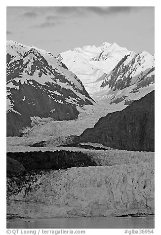 Margerie Glacier flowing from Mount Fairweather into the Tarr Inlet, sunrise. Glacier Bay National Park, Alaska, USA.