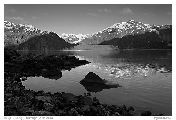 Mount Fairweather, Margerie Glacier, Mount Forde, and cove. Glacier Bay National Park, Alaska, USA.