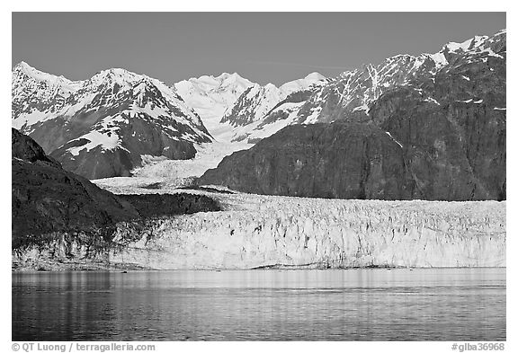 Margerie Glacier flowing from Mount Fairweather into Tarr Inlet. Glacier Bay National Park (black and white)