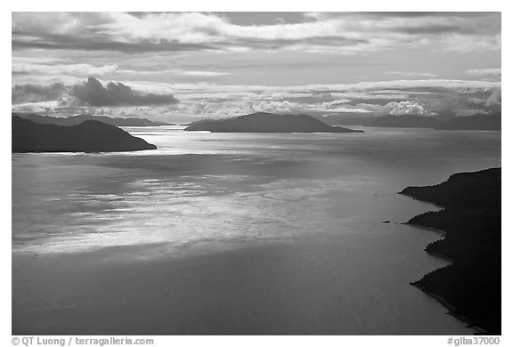 Aerial view of Sitakaday Narrows, late afternoon. Glacier Bay National Park (black and white)