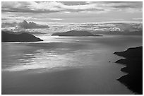 Aerial view of Sitakaday Narrows, late afternoon. Glacier Bay National Park, Alaska, USA. (black and white)