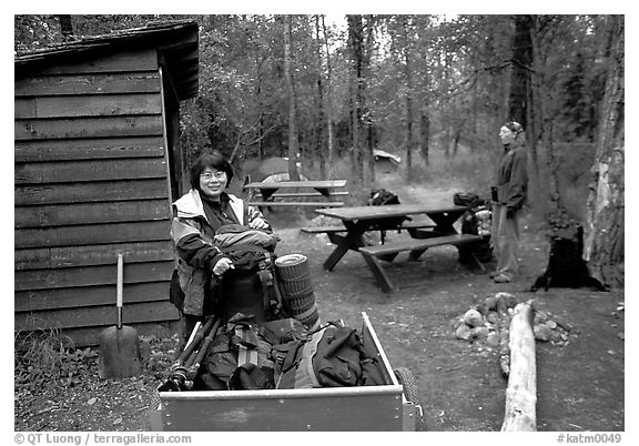 Camper ferrying loads into the campground. Katmai National Park (black and white)