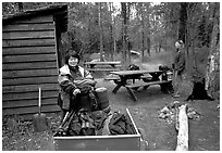 Camper ferrying loads into the campground. Katmai National Park ( black and white)