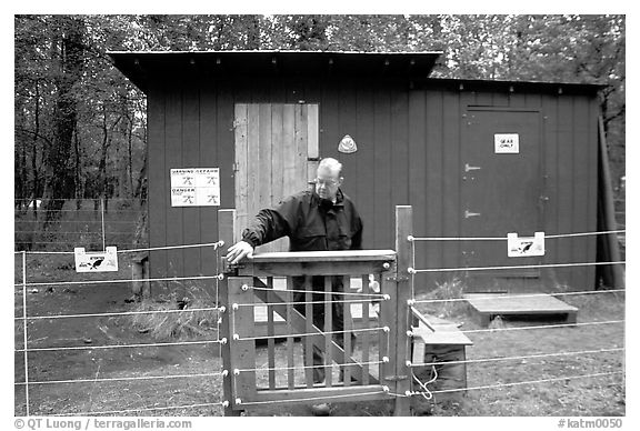 Food and gear cache in the campground, protected from bears by an electric fence. Katmai National Park (black and white)