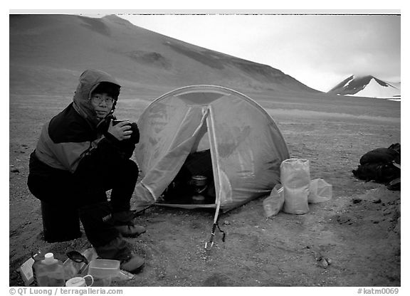 Camping on the bare terrain of the Valley of Ten Thousand smokes. Katmai National Park, Alaska