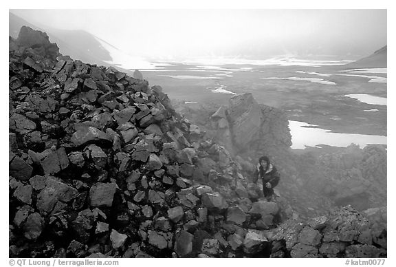 Climbing into the Novaropta crater, where fumeroles are still present, Valley of Ten Thousand smokes. Katmai National Park, Alaska