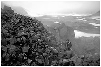 Climbing into the Novaropta crater, where fumeroles are still present, Valley of Ten Thousand smokes. Katmai National Park, Alaska (black and white)