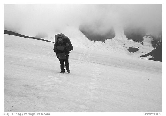 Hiking in a white-out, Valley of Ten Thousand smokes. Katmai National Park, Alaska