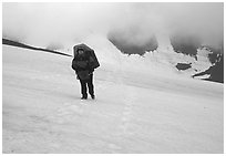 Hiking in a white-out, Valley of Ten Thousand smokes. Katmai National Park, Alaska (black and white)