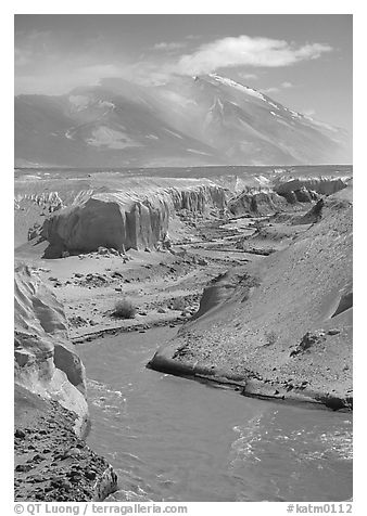 Convergence of the Lethe river and and Knife river, Valley of Ten Thousand smokes. Katmai National Park (black and white)