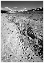 Valley with animal tracks in  ash, Valley of Ten Thousand smokes. Katmai National Park, Alaska, USA. (black and white)