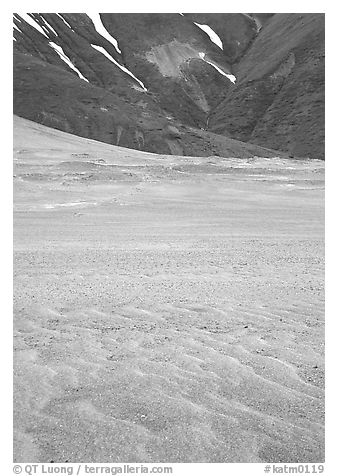 Ash formation on the floor of the Valley of Ten Thousand smokes, below the green hills. Katmai National Park (black and white)