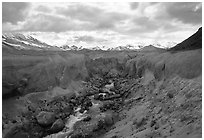 The Lethe river carved a deep gorge into the ash of the Valley of Ten Thousand smokes. Katmai National Park, Alaska, USA. (black and white)