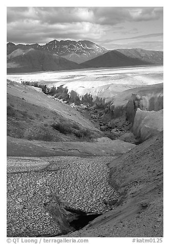 Snowfield and Lethe river, Valley of Ten Thousand smokes. Katmai National Park (black and white)