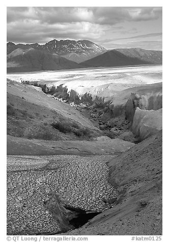 Snowfield and Lethe river, Valley of Ten Thousand smokes. Katmai National Park, Alaska, USA.