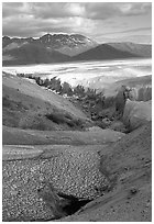 Snowfield and Lethe river, Valley of Ten Thousand smokes. Katmai National Park, Alaska, USA. (black and white)