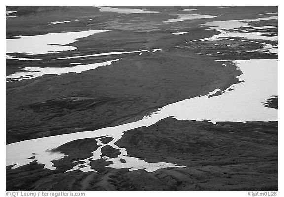 Patterns of melting snow, Valley of Ten Thousand smokes. Katmai National Park (black and white)