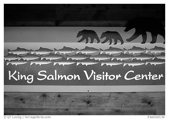 Bears and salmon on visitor center sign. Katmai National Park (black and white)