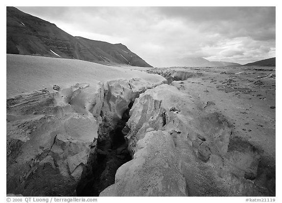 Gorge carved by Lethe River ash floor of Valley of Ten Thousand smokes. Katmai National Park (black and white)