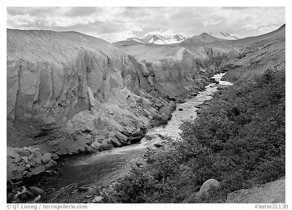 The Lethe river carved a deep gorge into the ash of the Valley of Ten Thousand smokes. Katmai National Park (black and white)