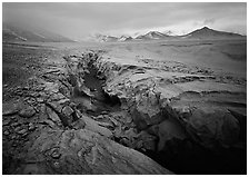 Lethe river gorge and volcanic peaks, Valley of Ten Thousand smokes. Katmai National Park, Alaska, USA. (black and white)