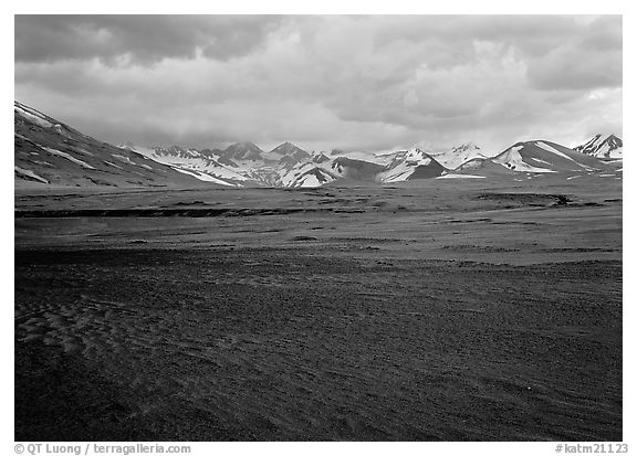 Ash plain, and mountains at sunset, Valley of Ten Thousand smokes. Katmai National Park (black and white)